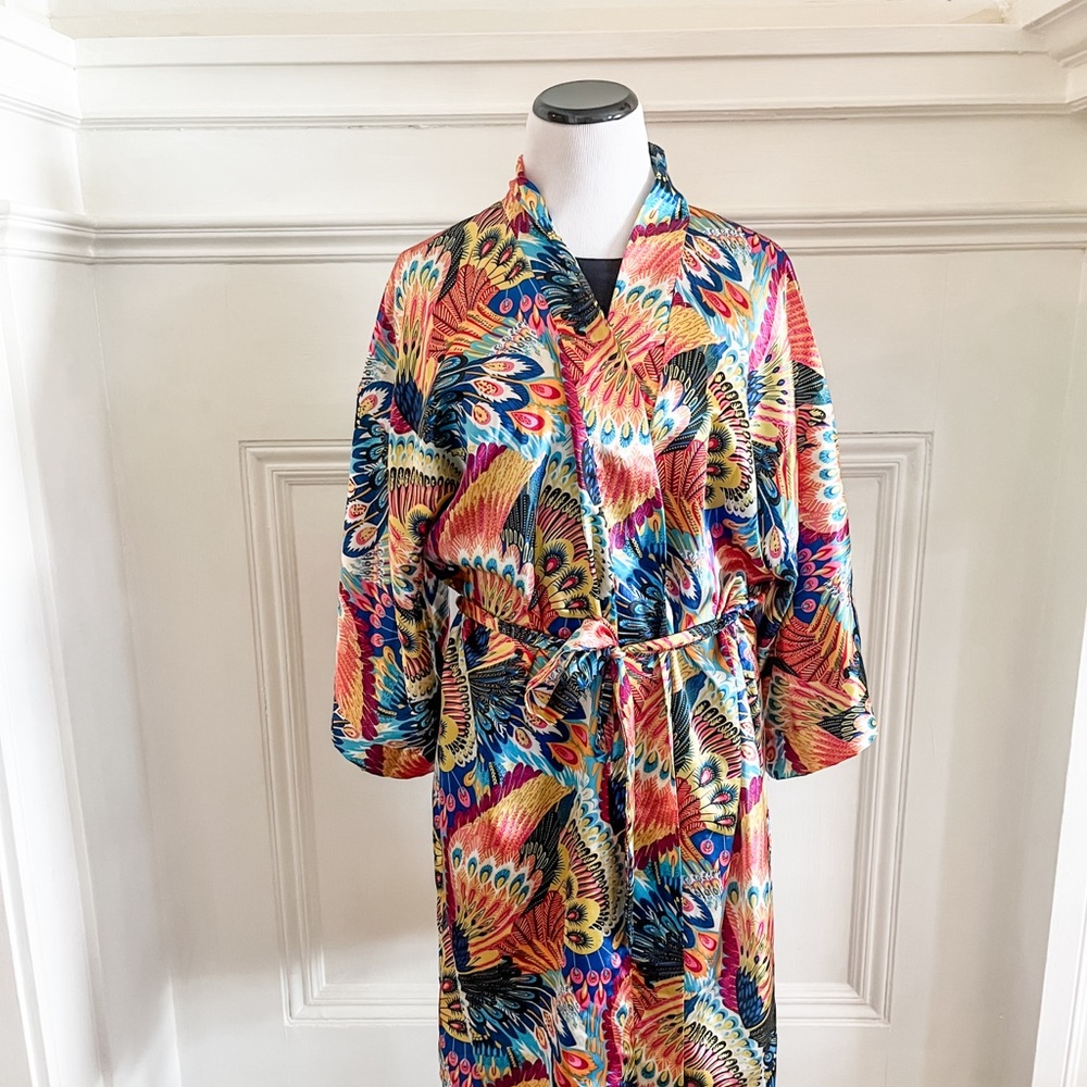 Colorful Peacock Print Women's faux silk robe